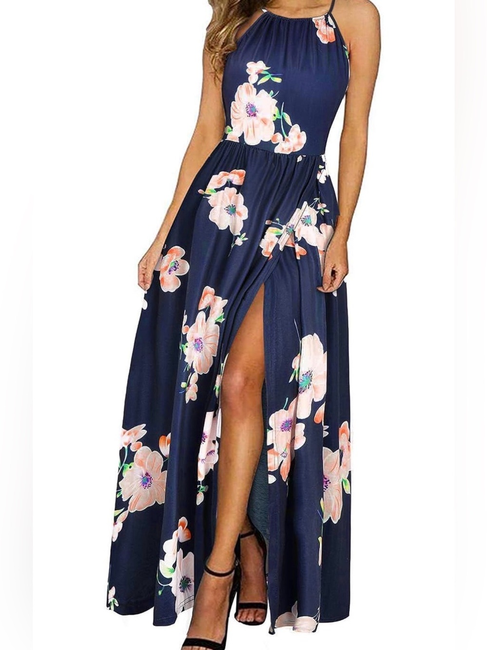 Sleeveless Navy Floral Halter Maxi Dress with High Slit